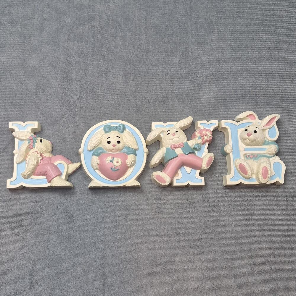 Vintage Bunny Wall Plaques 4 Piece 1980s Nursery Decor Country Sweet LOVE